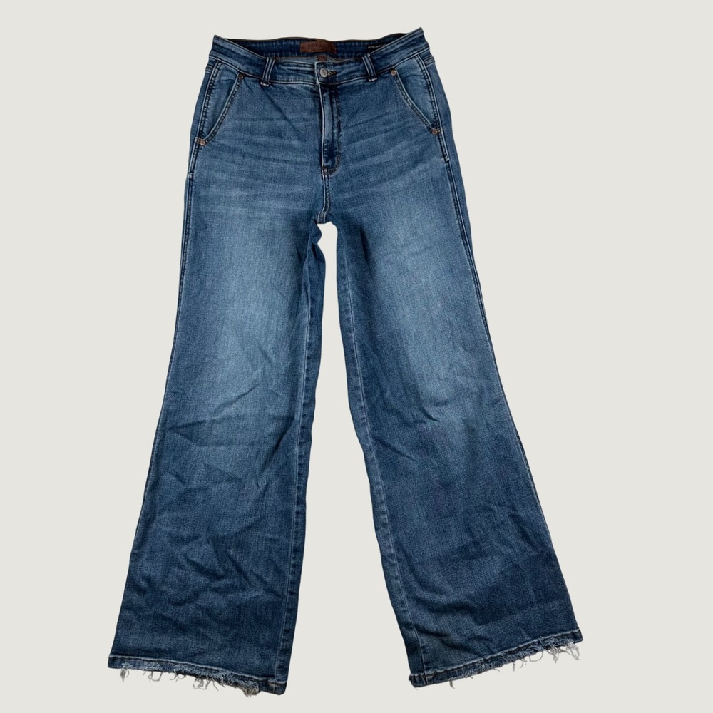 Judy Blue Retro Wide Leg Jeans Womens High Rise Raw Hem 11/30 Blue Boho Hippie